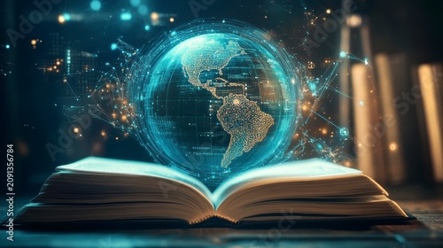 Holographic Earth globe levitates above open book, representing global knowledge and digital learning.