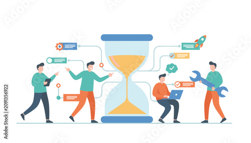 Team members collaborating on a project around a giant hourglass representing time management and productivity in business workflow.