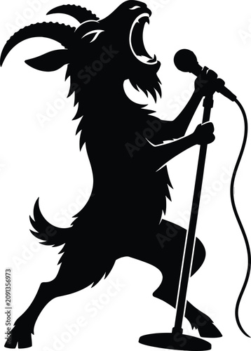 Black silhouette of a funny goat singing into a microphone on stage