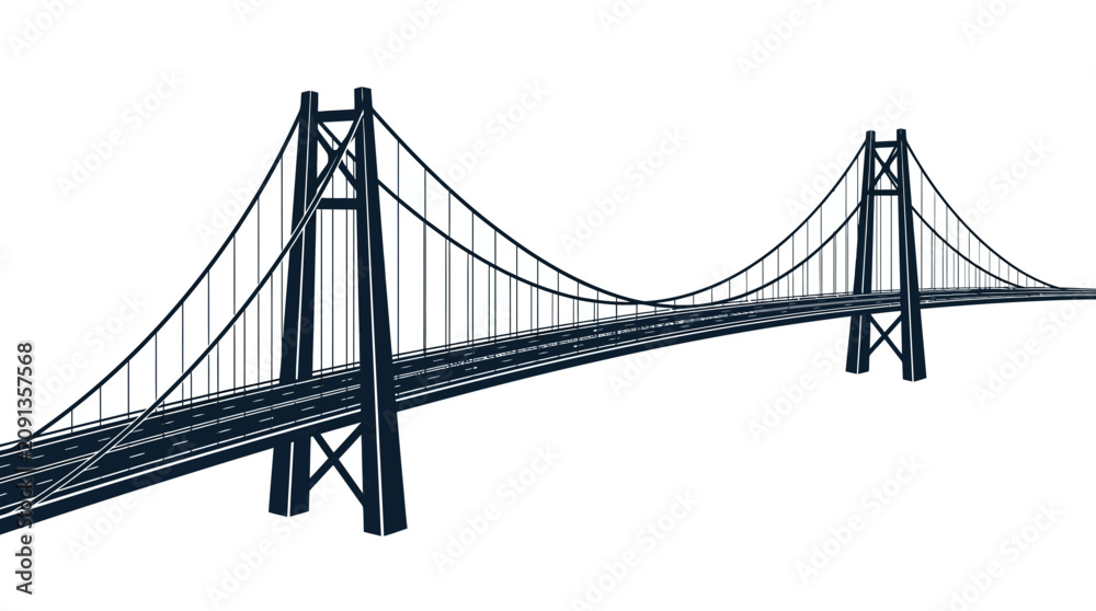Fototapeta premium Modern Suspension Bridge Illustration - Dark Blue Silhouette on White