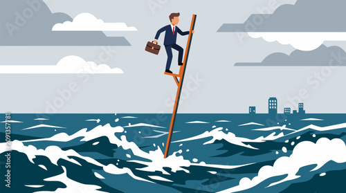 Determined businessman balancing on towering stilt above stormy ocean waves, carrying briefcase under cloudy sky, symbolizing risk management, ambition, resilience, and precarious career challenges