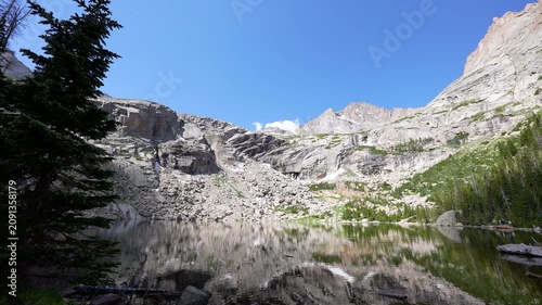 RMNP Black Lake daylight with shadow on extra wide shot in Rocky Mountain National Park with audio