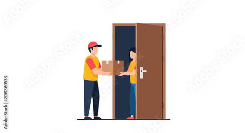 Courier delivering cardboard box package to a woman at the house door flat vector illustration