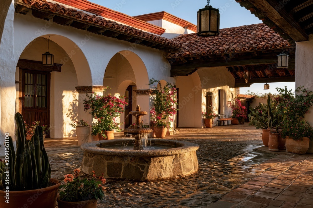 Fototapeta premium Historic estate courtyard in a traditional Mexican hacienda featuring stucco walls and lantern-lit arches