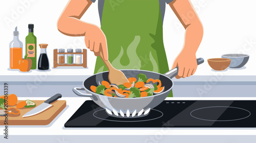 A person in a green apron cooking vegetables on an electric stove