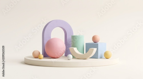 Minimalist abstract geometric composition with pastel colored 3D shapes on pedestal geometric abstract minimalist pedestal cylinder composition