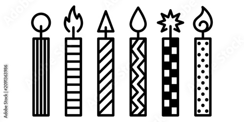 Black and white line candles with different patterns and flames