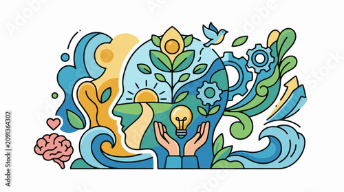 A stylized illustration of a human head with a plant growing out of it surrounded by abstract shapes and symbols