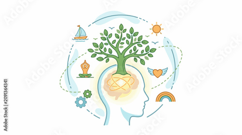 A symbolic illustration of a human head with a tree growing out of it representing growth and harmony
