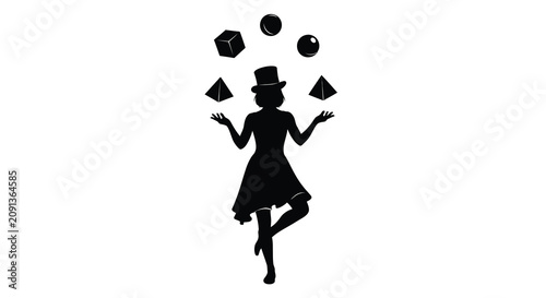 Foto Juggling performer in a dress and top hat depicted as a black silhouette juggler