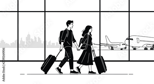 Konstfotografi Traveling couple with luggage at airport window black and white line art silhoue