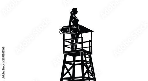 Photography Lifeguard standing on a tower with surfboard black and white silhouette lifeguar