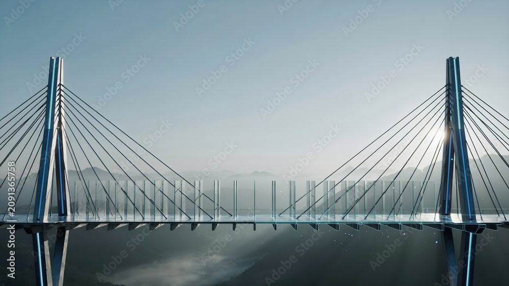 Fototapeta premium Futuristic glass bridge with blue holographic blueprints – Great for software modeling, structural architecture, or tech summits.