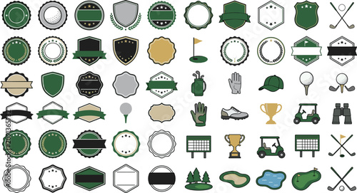 Blank golf emblem logo badges and vintage sport templates vector icons set with empty shields ribbons trophies and tournament labels