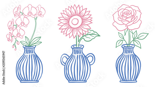 Minimalist line art set featuring three decorative vases with elegant flowers including an orchid a sunflower and a rose for floral design projects
