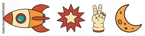 Retro space and peace sticker set featuring a rocket ship star hand gesture and crescent moon design for creative graphic design with geometric starburst peace