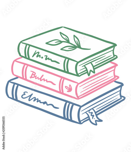A stack of three decorative hardcover books featuring minimalist line art illustrations and elegant cursive lettering for educational creative design