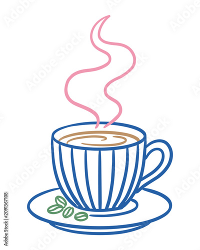 Minimalist vector illustration of a hot striped coffee cup with beans for cafe branding and menu design elements with resting saucer scattered