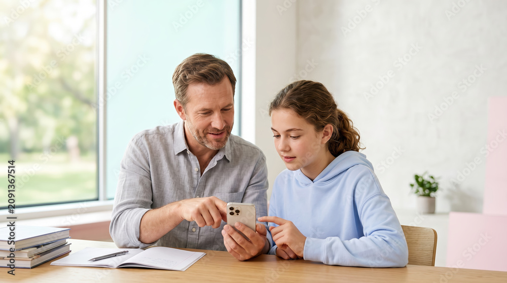 Fototapeta premium Father teaching daughter with disabilities in a supportive learning environment