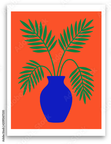 Minimalist botanical illustration featuring vibrant green palm fronds in a bold blue vase set against a striking bright orange background wall art