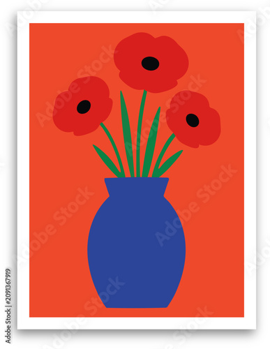 Minimalist floral illustration featuring three red poppy flowers in a blue vase set against a bold orange background for modern home decor art prints