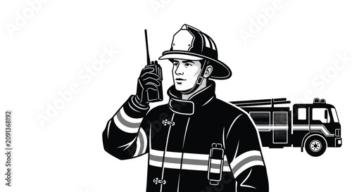 Фотография Firefighter with radio communication and fire truck monochrome illustration silh
