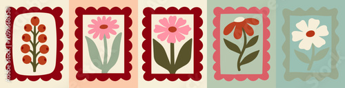 Set of five decorative botanical stamps featuring hand drawn flowers and berries in scalloped frames with pastel backgrounds for modern wall art decor