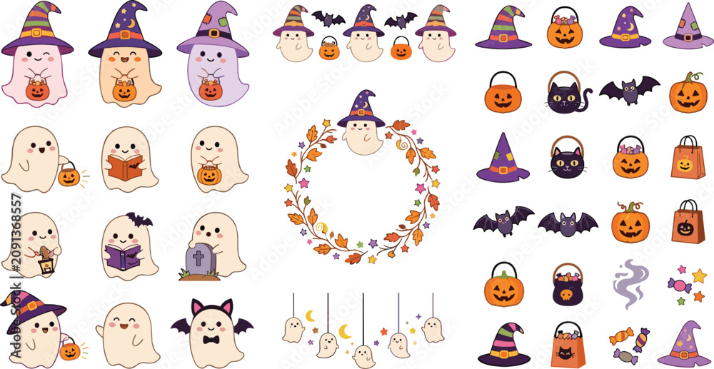 Fototapeta premium Cute Halloween Ghost Characters and Spooky Elements Vector Set with Pumpkins Bats Witch Hats and Autumn Wreath
