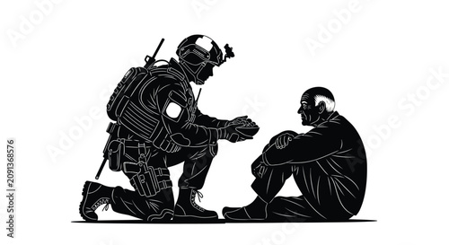 Billede på lærred Soldier kneeling before elderly man offering aid black and white silhouette mili