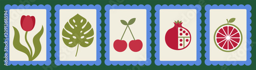 Set of five decorative postage stamp illustrations featuring stylized botanical and fruit elements in minimalist flat design on a dark green background