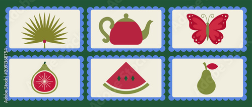 Set of six decorative rectangular cards featuring flat minimalist illustrations of a palm leaf teapot butterfly fig watermelon