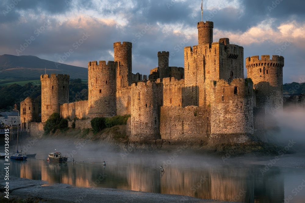 Obraz premium Medieval fortress by the Welsh coast: Conwy Castle with dramatic skies and harbor reflections