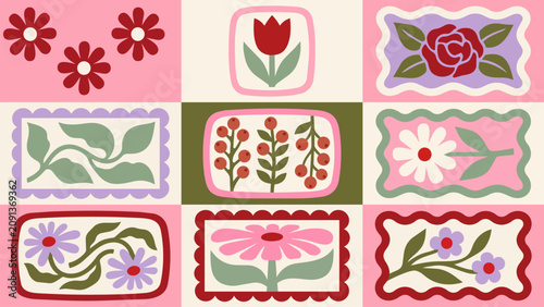 Retro floral pattern with cute botanical illustrations in a grid layout featuring stylized flowers and leaves in a vibrant pink with foliage vintage aesthetic