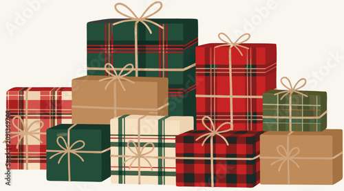 Festive stack of holiday gift boxes wrapped in red, green and kraft plaid paper with twine bows, cozy Christmas present pile for seasonal giving, celebration, retail and decor display