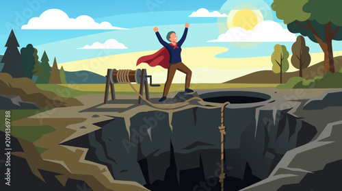 Triumphant figure escaping a deep dark well of despair, standing in sunlight with raised arms and cape, powerful recovery, resilience and mental health victory vector illustration