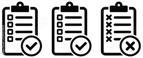 Clipboard checklist icon set for business workflow, progress tracking, completed tasks, project planning and productivity vector illustration