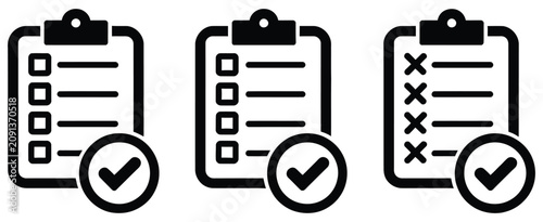 Clipboard checklist icon set with status marks for business workflow, task tracking, project management and productivity vector illustration