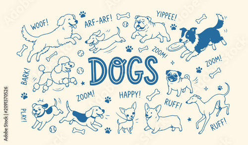 Playful set of hand drawn dogs with phrases white background and color black illustration collection domestic whimsical character lifestyle white background and color black