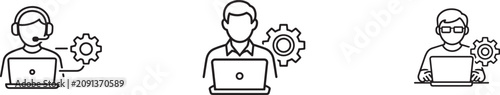 IT support and systems administrator icon set with technical, developer, engineering management symbols.