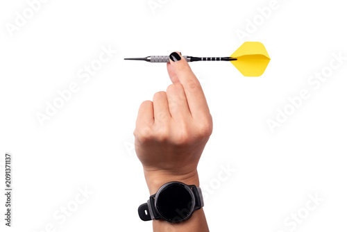 Close-up of a hand holding a yellow dart, isolated on transparent background, perfect for concepts of focus, aim and strategy.