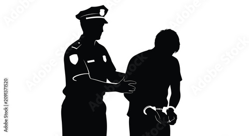 Photos Police officer questioning a suspect in a black silhouette against a white backg