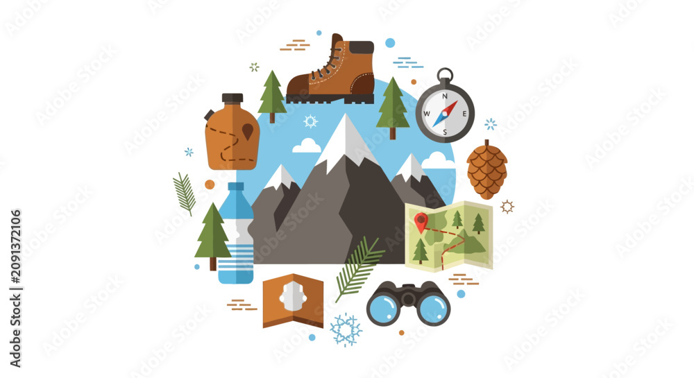 Fototapeta premium Hiking and Outdoor Adventure Gear Collection Vector Illustration with Mountains, Compass, Map, and Camping Equipment
