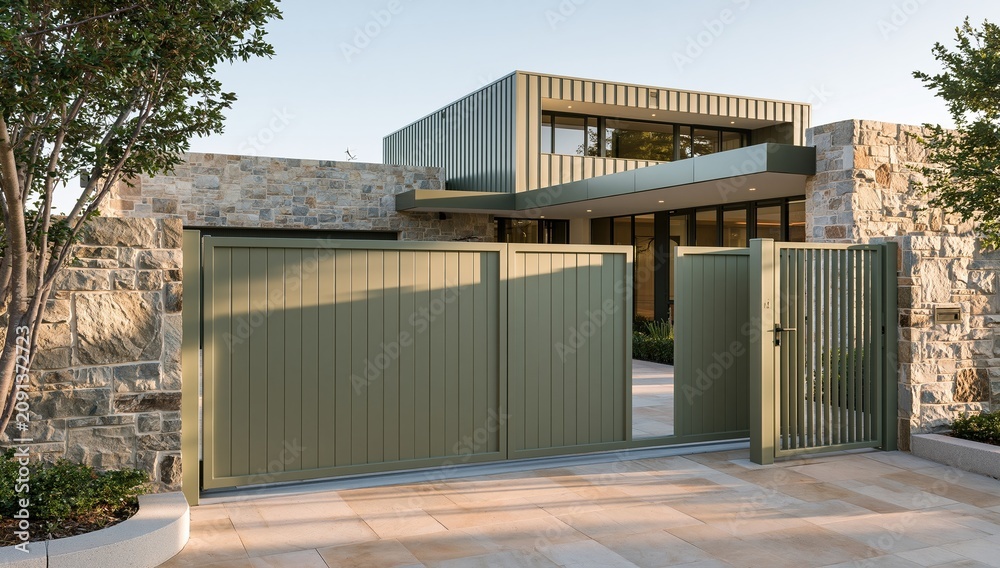 Obraz premium Modern house gate entrance with stone wall and metal fence exterior