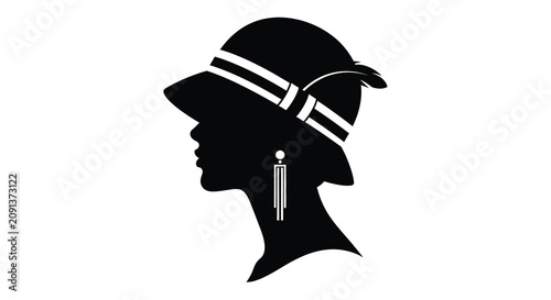 Tableau sur toile Woman wearing hat and earrings in black silhouette female lady figure profile he