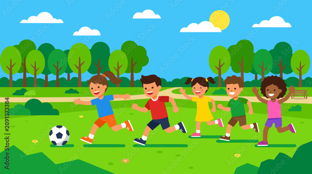 Naklejka premium Happy children racing after a soccer ball across a sunny summer park lawn, diverse friends playing outdoor football together, joyful active childhood vector illustration with trees and flowers