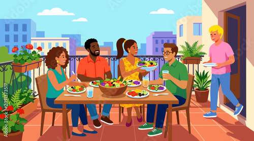 Diverse friends enjoying colorful salad lunch on sunny urban balcony, cheerful outdoor gathering with fresh vegetables, drinks, potted plants and warm city lifestyle, healthy social dining celebration