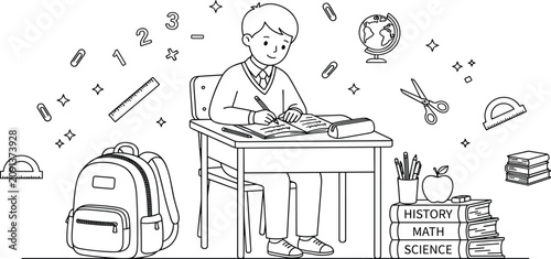 Tableau sur toile Cute schoolboy doing homework at desk line art set with school backpack and text