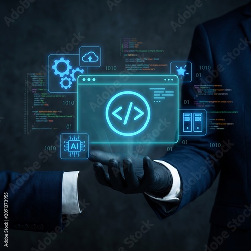 Businessman presenting digital coding hologram interface in a professional dark corporate environment