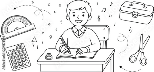 Photos Cute schoolboy studying at desk outline set with stationery equipment coloring b