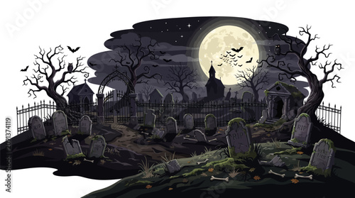Spooky Halloween cemetery landscape at night with tombstones gates and full moon